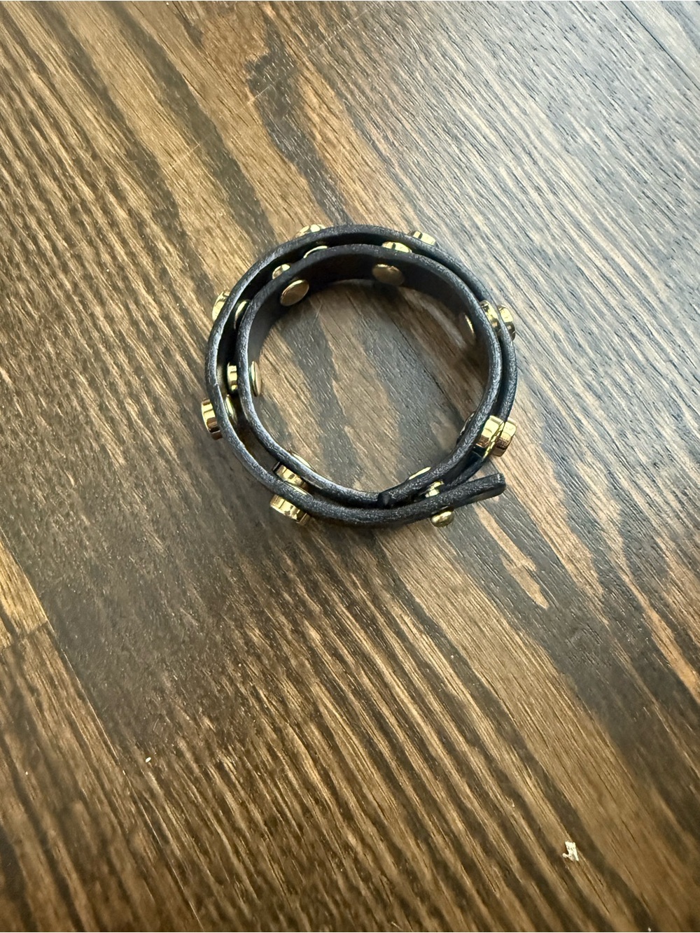 Tory Burch Black Leather Wrap Bracelet Gold Tone T Logo and Buckle
